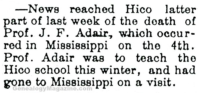ADAIR, J F obituary