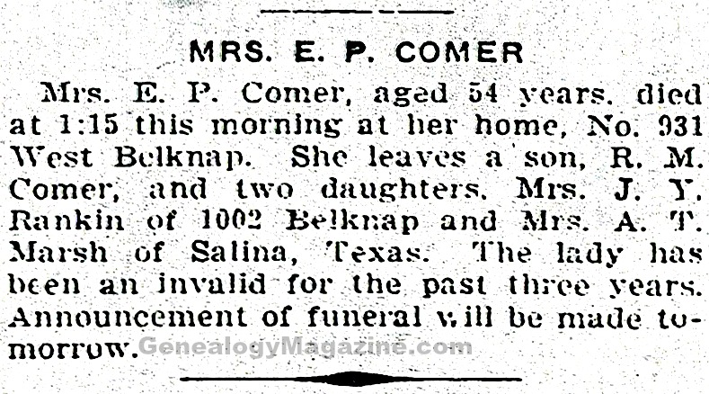 COMER, E P (Mrs.) obituary
