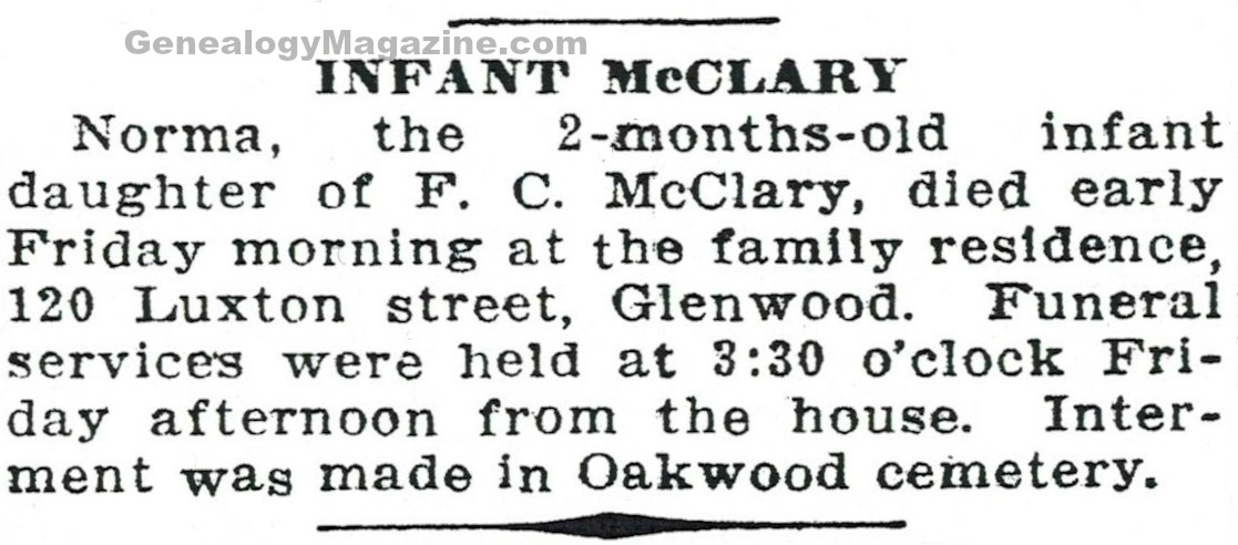 McCLARY, Infant obituary