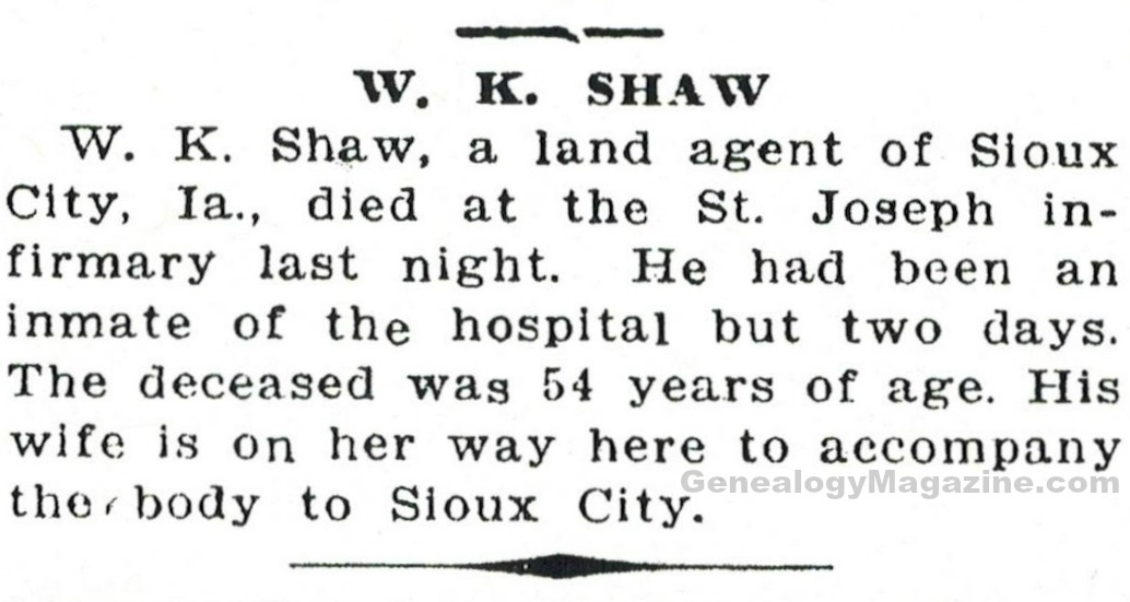 SHAW, W K obituary