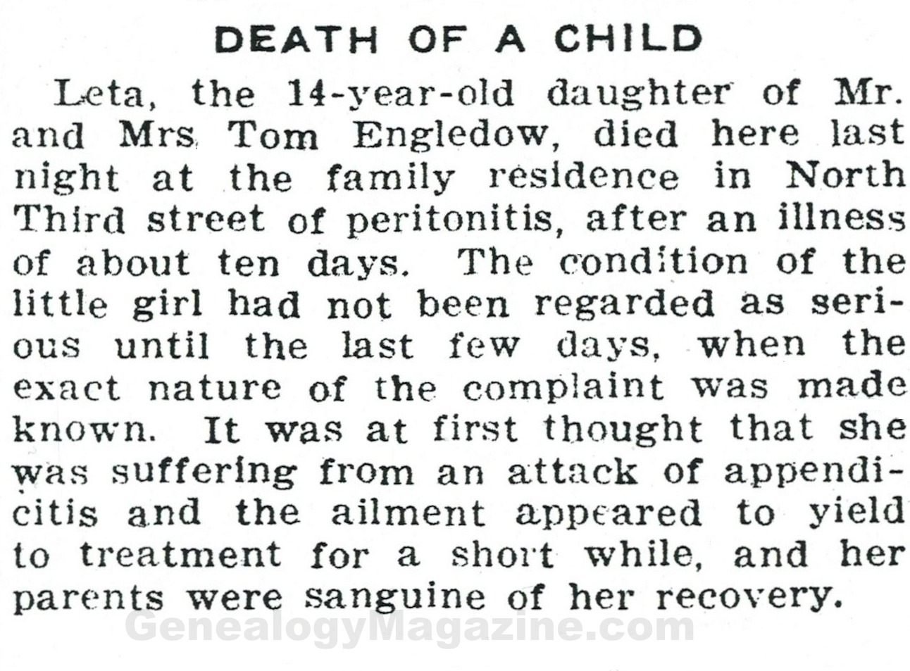 ENGLEDOW child obituary