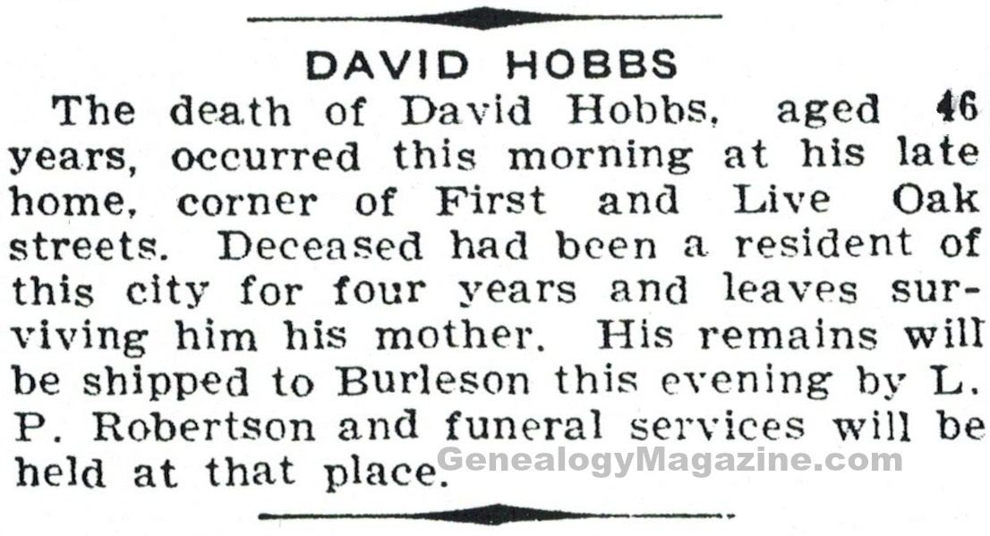 HOBBS, David obituary