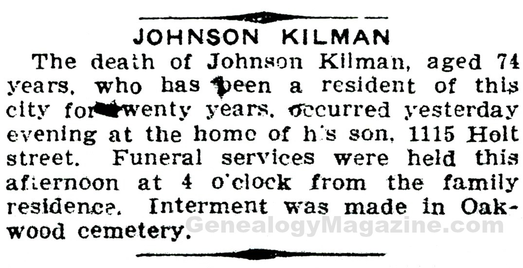 KILMAN, Johnson obituary