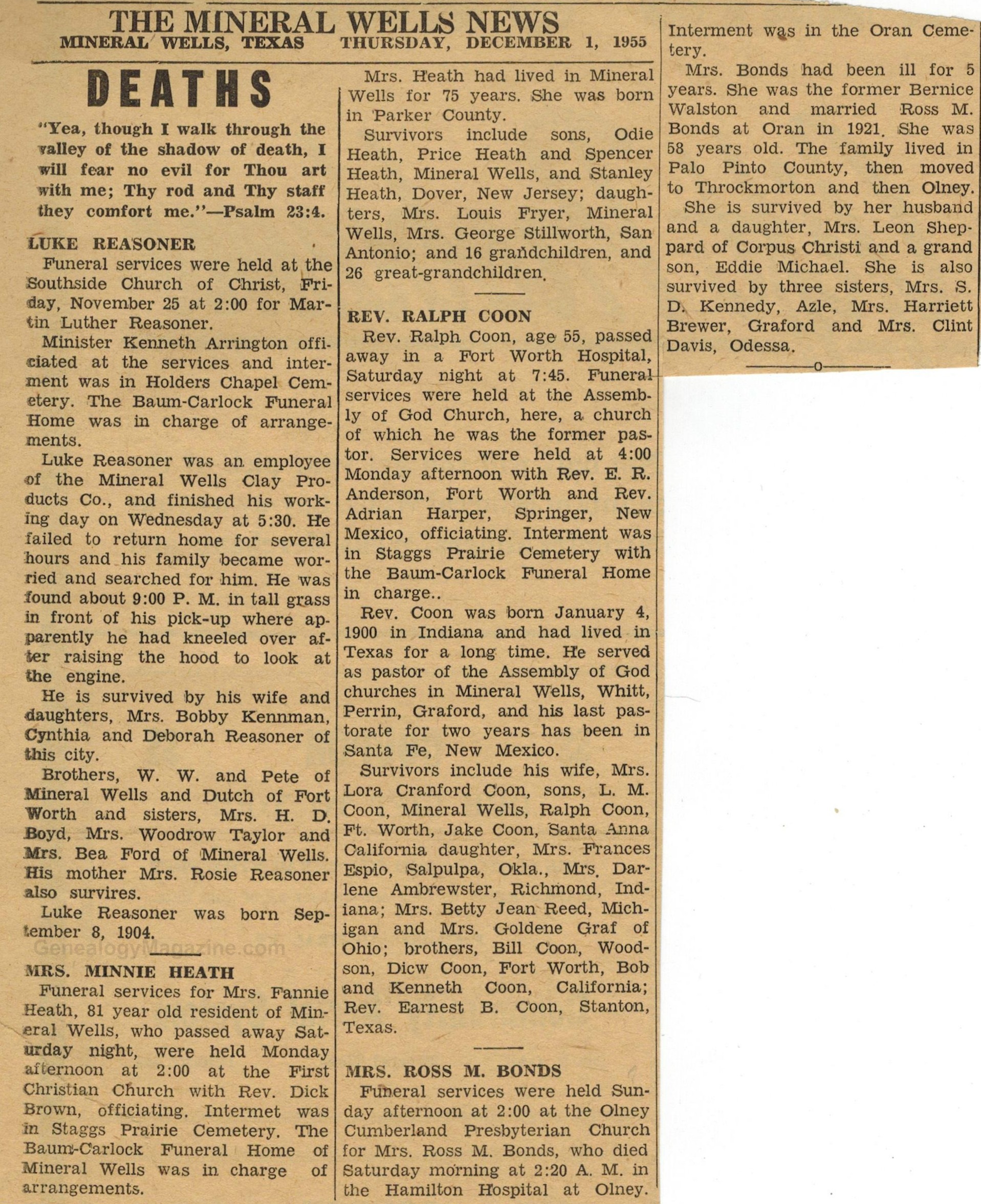 MINERAL WELLS NEWS obituaries 1 December 1955