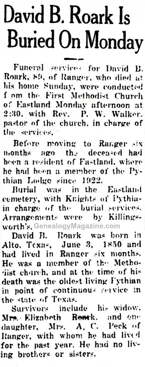 ROARK, David B obituary