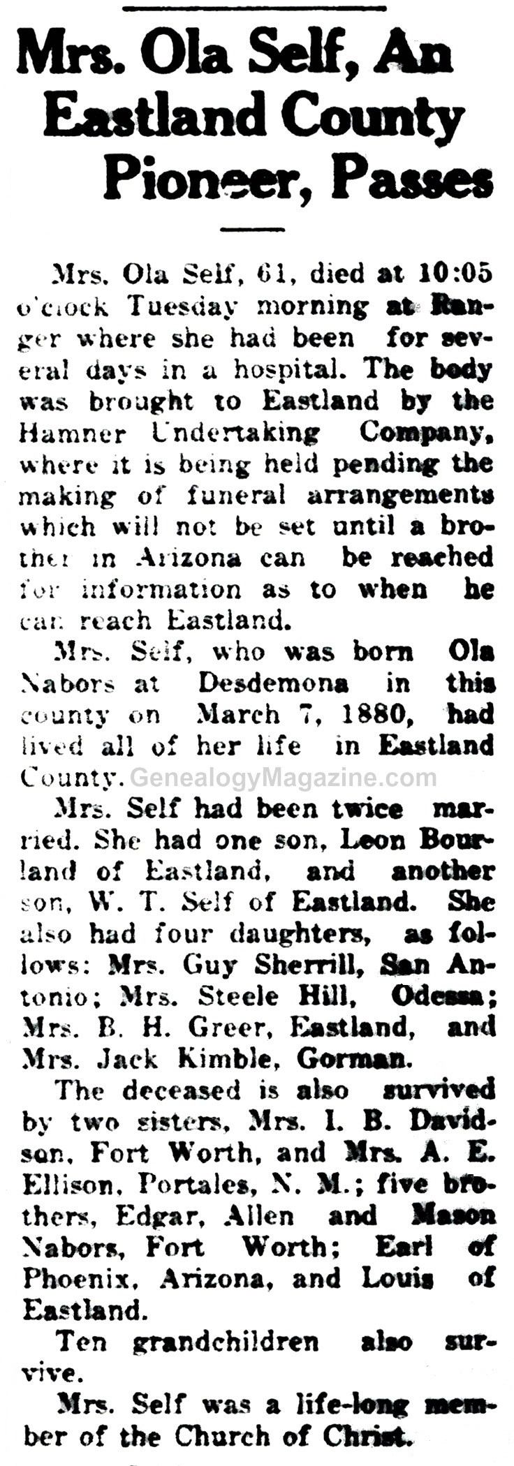 Ola Self obituary