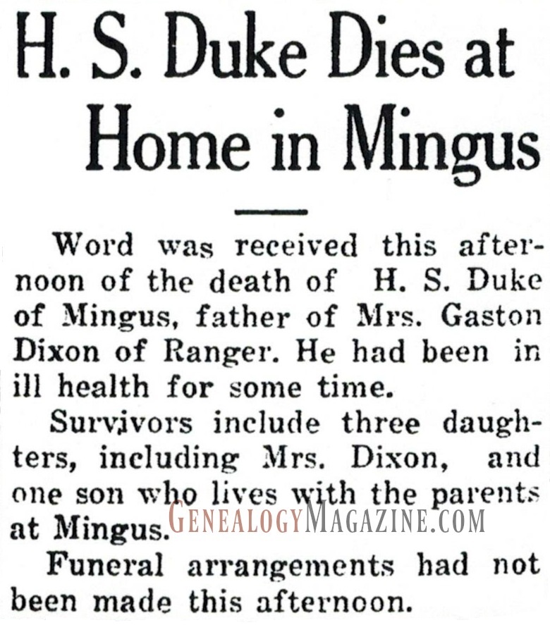 H S DUKE obituary