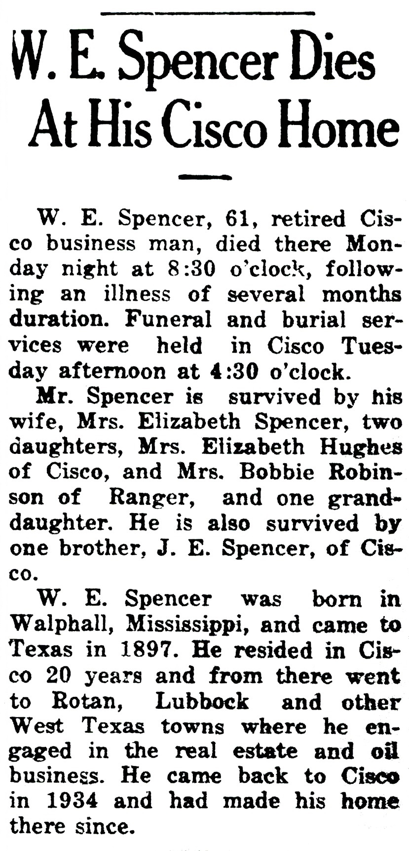 W. E. SPENCER obituary